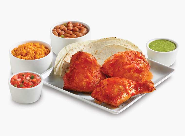 Mango Habanero 3 pc chicken meal on a plate with a side of rice, a side of beans, tortillas, and two salsas.