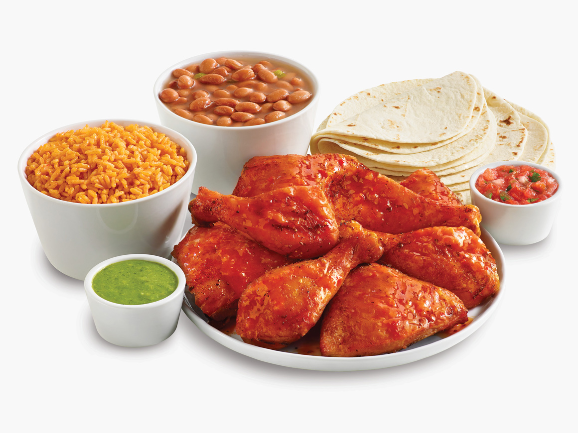 8 pieces of mango habanero chicken with 2 large sides, tortillas, and salsas