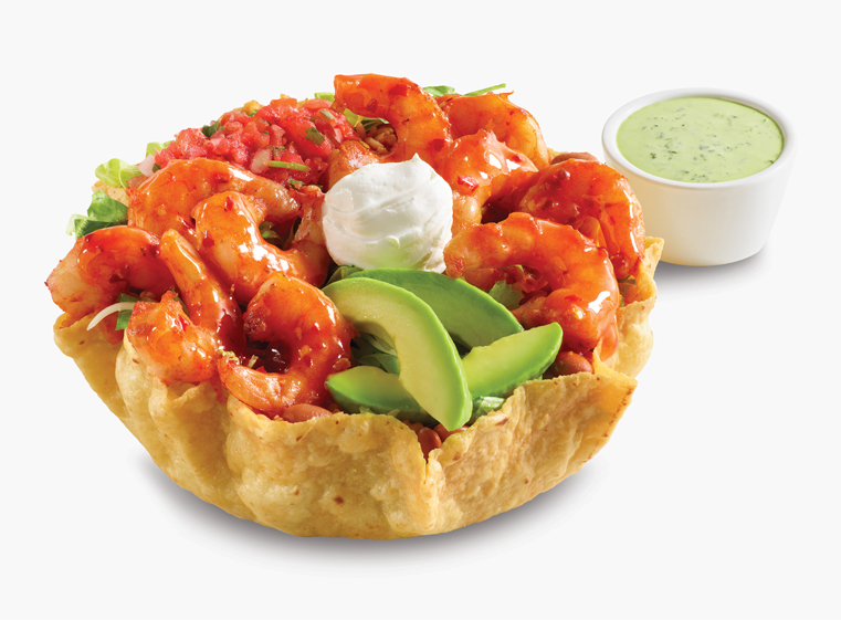 Mango Habanero double shrimp tostada with a side of creamy cilantro dressing.