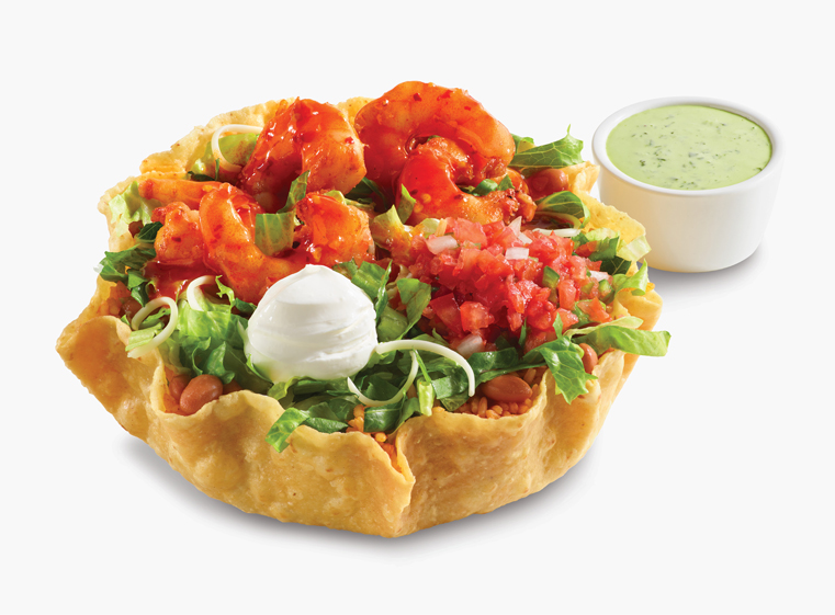 Mango Habanero shrimp tostada with a side of creamy cilantro dressing.